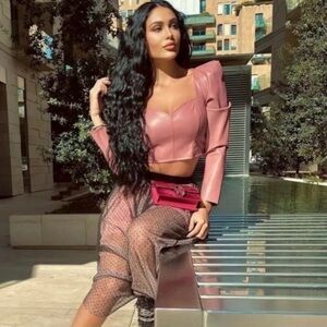 Zara BLOGGER FAVORITE Faux Leather Puff Sleeve Sweetheart Crop Top Pink NWOT